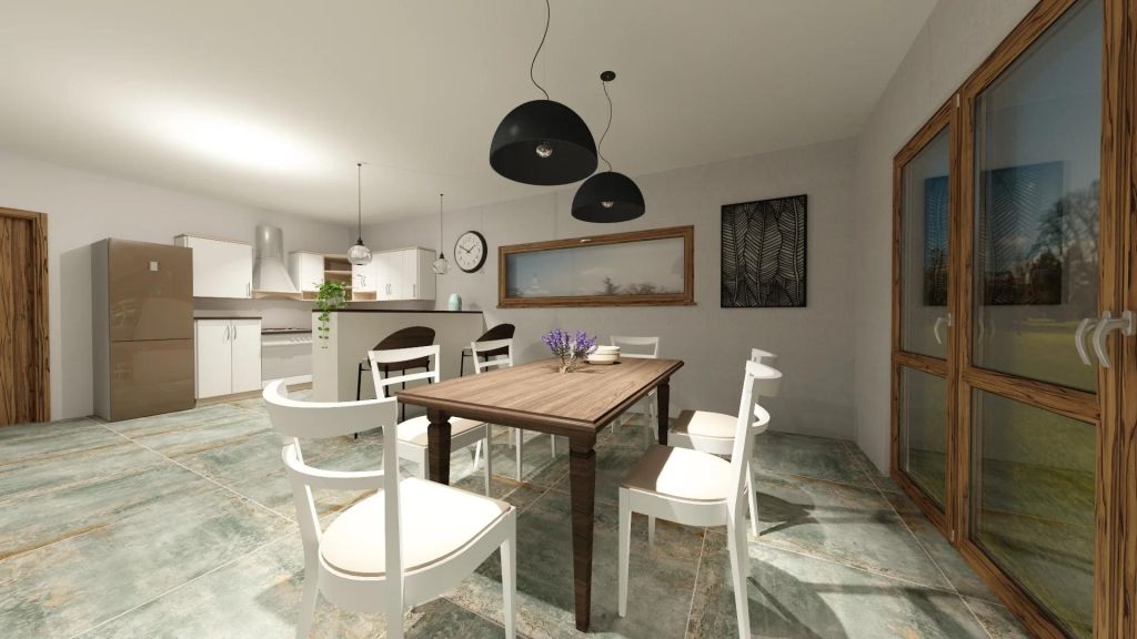 Realizace Jídela s kuchyní s proměnlivou dlažbou Navarti Oxyde Turquois 90x90 Rett.