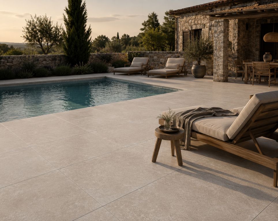 Realizace S Deceram Outdoor DOS Travertin Beige u bazénu
