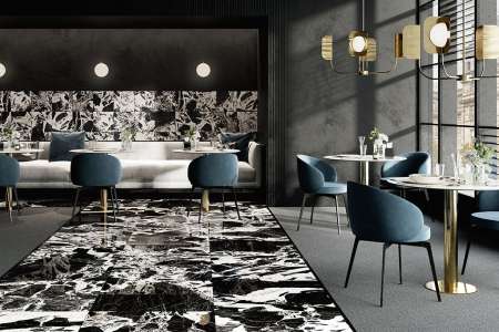 Restaurace s černobílými obklady a dlažbou jako mramor ze série Fioranese Prestige.
