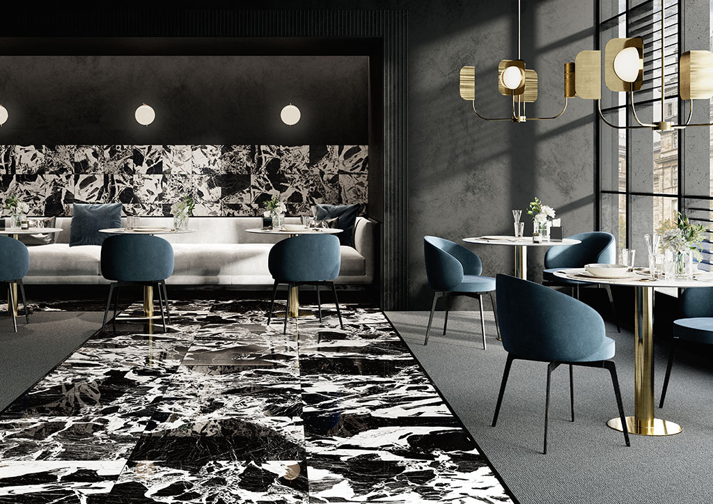 Realizace Restaurace s černobílými obklady a dlažbou jako mramor ze série Fioranese Prestige.