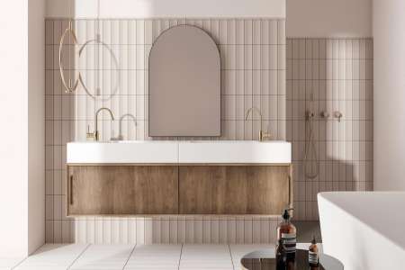 Luxusní béžová koupelna s 3D obkladem Equipe Vibe In Taupe