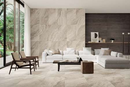 Moderní světlý obývací pokoj s dlažbou Sant Agostino Mystic Beige 60x120 matné