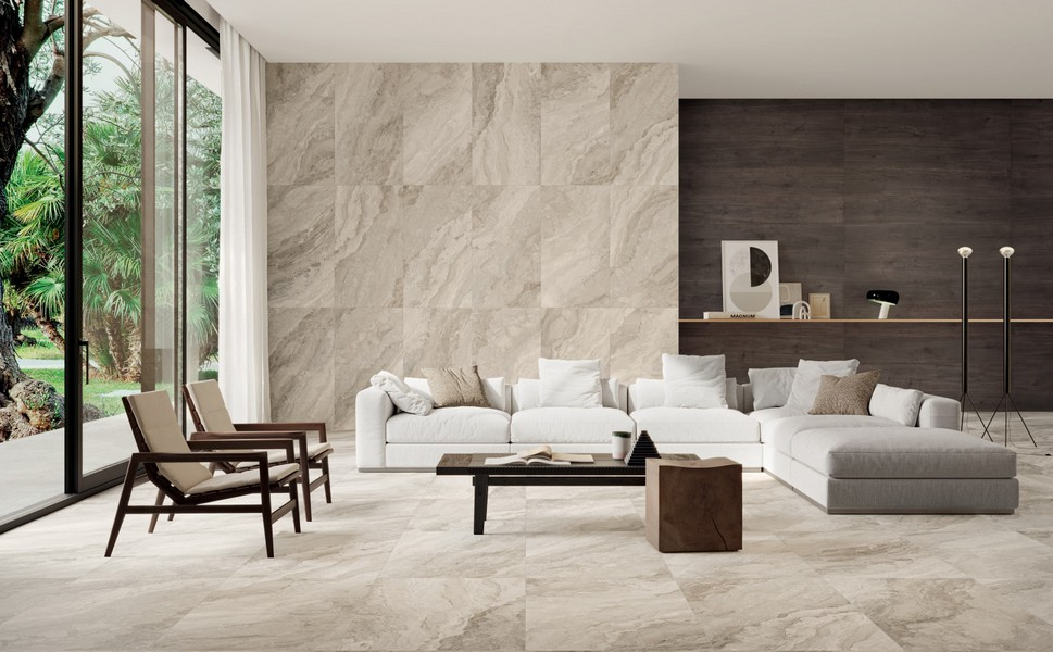 Realizace Moderní světlý obývací pokoj s dlažbou Sant Agostino Mystic Beige 60x120 matné