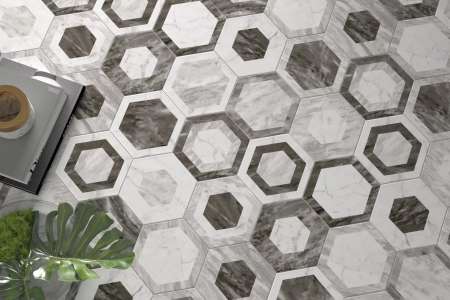 Zajímavá geometrická dlažba připomínající mramor Equipe Bardiglio Decor Geo ve tvaru hexagonu