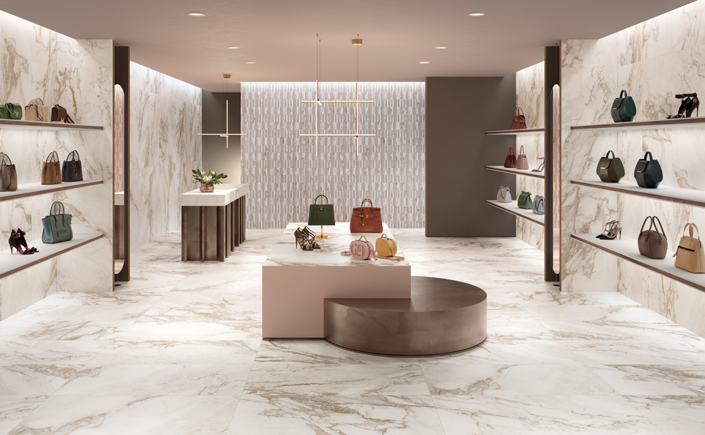 Realizace Obchod s obklady a dlažbou jako mramor do béžova ze série La Fenice Marble Velvet.