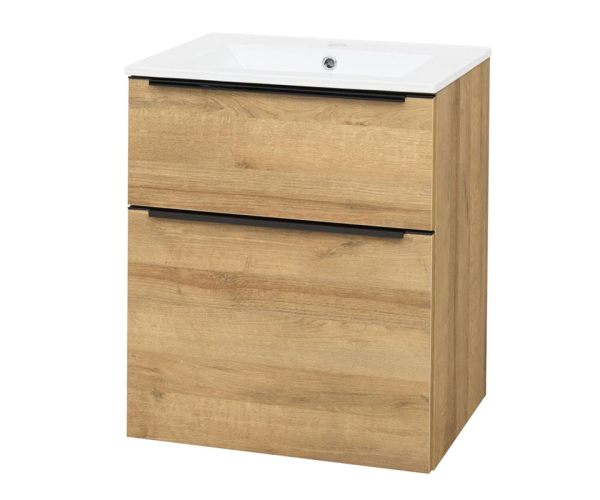 Mereo Mailo, Koupelnová Skříňka S Keramickým Umyvadlem 61 Cm, Dub Riviera, černé Madlo