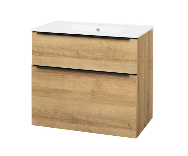 Mereo Mailo, Koupelnová Skříňka S Keramickým Umyvadlem 81 Cm, Dub Riviera, černé Madlo
