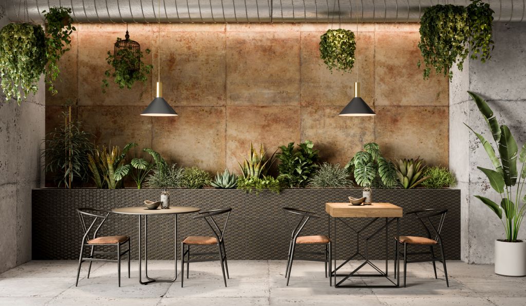 Realizace Restaurace v kombinaci světlé dlažby a cihlového obkladu ze série Aparici Vulcano.