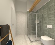 Zelenobéžová koupelna s dlažbou jako kámen Navarti Nadinne Blanc a obkladem Equipe Wadi Decor Mint