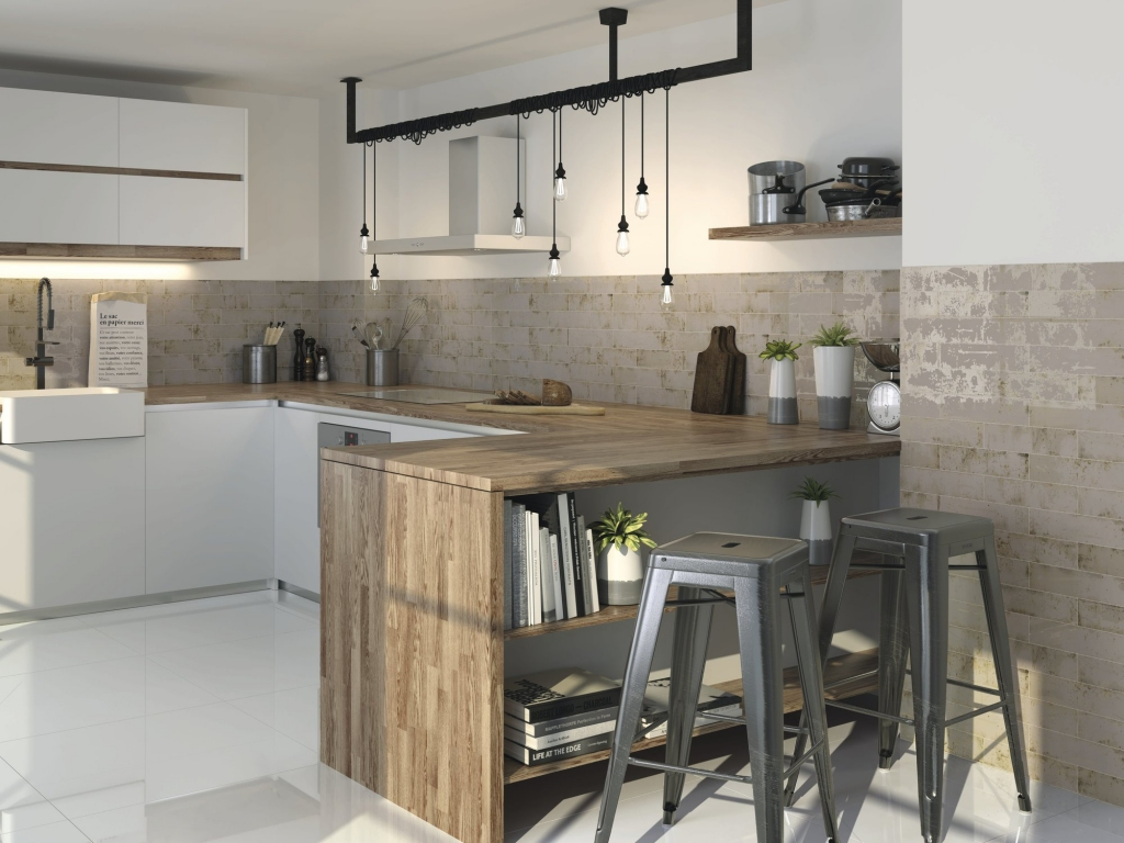 Realizace Béžovo-šedý kuchyňský obklad se vzhledem cihel od výrobce Ape Grunge