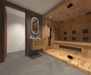 Vizualizace šedočerného domácího wellness s dlažbou a obkladem jako beton Flaviker River Lead 60x60 RT 