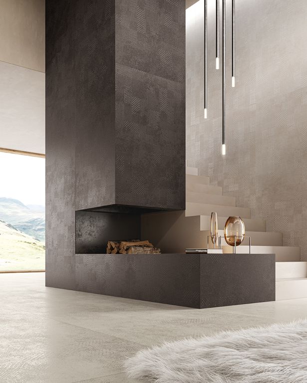 Realizace Moderní krb s metalickými obklady a dlažbou Gigacer Concept 1 Texture Platinum 60x120