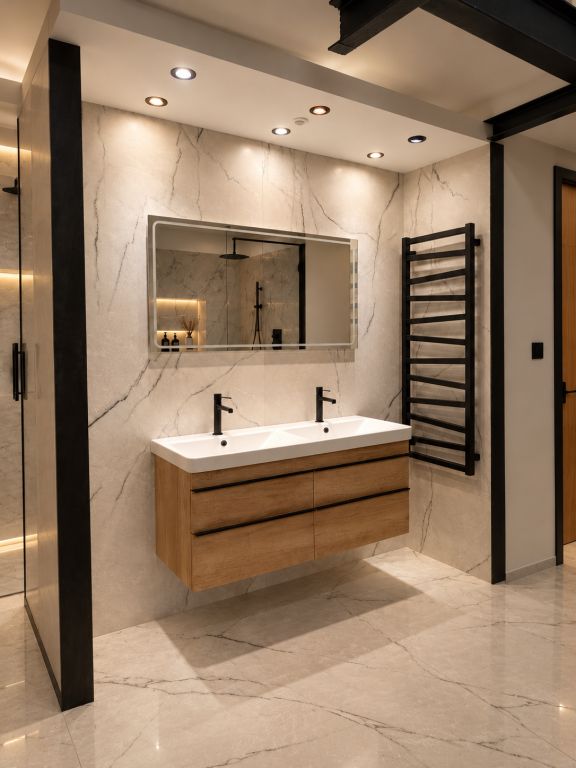 Realizace Koupelna LUMERA – harmonie přírodního dubu, elegantního mramoru a matné černé