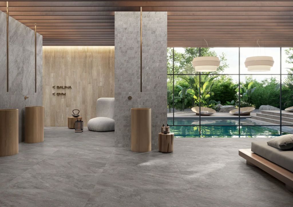 Realizace Wellness s dlažbou jako kámen ze série Caesar Quartz Essence