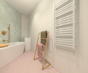 Vizualizace romantické zelenorůžové koupelny s dlažbou Codicer Basic Rose Hex a obkladem ze série Marca Corona Lilysuite
