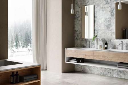 Dokonale něžná nadčasová koupelna s použitím dlažby EdimaxAstor Shade Grey 60x120 a obkladu Impression
