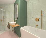 Vizualizace romantické zelenorůžové koupelny s dlažbou Codicer Basic Rose Hex a obkladem ze série Marca Corona Lilysuite