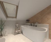 Vizualizace elegantní hnědobéžové koupelny s dlažbou jako kámen Cerdomus Croatia Avorio Safe a obkladem jako dřevo Colorker Wood Story