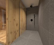 Vizualizace šedočerného domácího wellness s dlažbou a obkladem jako beton Flaviker River Lead 60x60 RT 
