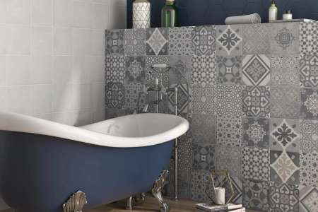 Retro koupelna s patchworkovými obklady Deceram PAM Sloane Cement decor MIX 22,3x22,3