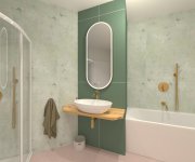 Vizualizace romantické zelenorůžové koupelny s dlažbou Codicer Basic Rose Hex a obkladem ze série Marca Corona Lilysuite