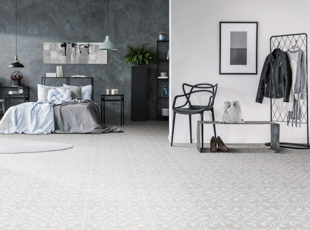 Realizace Velice jemný vzor krásných křivek Codicer Arte Soft Grey 25x25