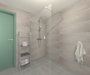 Vizualizace šedozelené koupelny s dlažbou jako beton Cerdisa Metal Design Steel