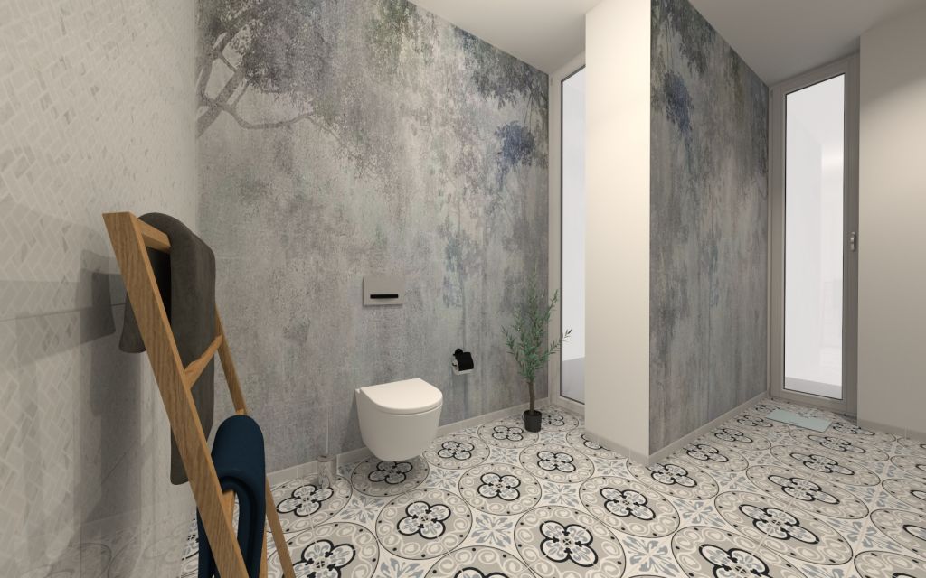 Realizace Vizualizace zajímavě členěné koupelny s retro dlažbou Xclusive Element 