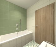 Vizualizace zelenobéžové koupelny s dlažbou Codicer Riviera Nice Green a obkladem Codicer Basic