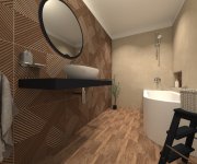 Vizualizace hnědobéžové koupelny s obkladem jako dřevo ze série Colorker Wood Story