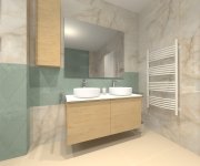 Zelenobéžová koupelna s kombinací vzorovaného obkladu APE Tonality Tint Turquoisea a obkladu jako mramor Cifre Onix Cream Pulido