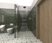 Vizualizace zelenošedé koupelny se vzorovanou dlažbou Codicer Riviera a obkladem ze série Elios Clay