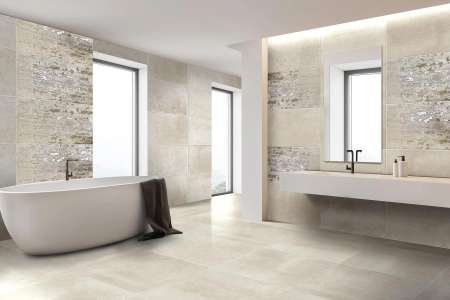 Neobyčejná koupelna s luxusními obklady a dlažbou Brennero Mood Sand 45x90 a dekorem Fusion