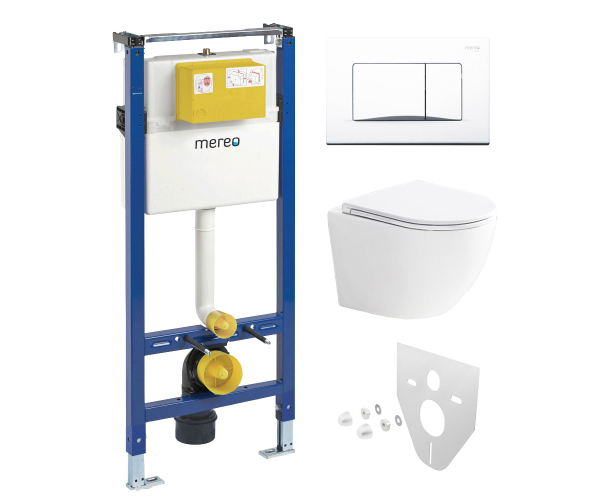 Mereo Wc Set - Smart Flush Rimless Wc Oblé, Modul Pro Sádrokarton, Bílé Hranaté Tlačítko