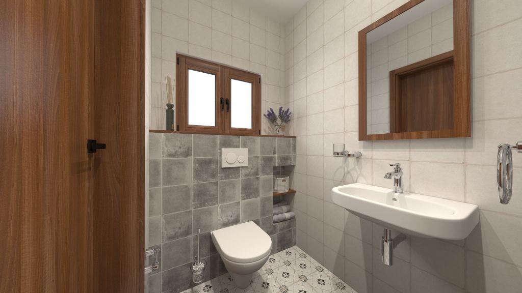 Realizace Vizualizace šedobílé retro koupelny s dlažbou Del Conca SN Sorrento