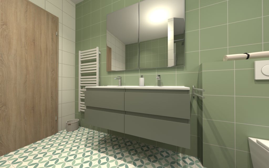 Realizace Vizualizace zelenobéžové koupelny s dlažbou Codicer Riviera Nice Green a obkladem Codicer Basic