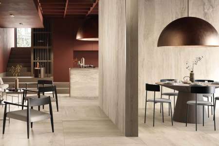 Realizace restaurace s béžovým obkladem Reverso Beige ze serie Wide Gress 280