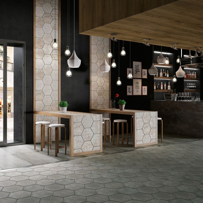 Realizace Dlažba a obklad ve tvaru hexagonu v restauraci ze série Aparici Carpet.