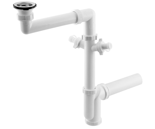 Bruckner Dřezový Sifon šetřící Místo, 2x Odbočka, Nerez Výpust Se Zátkou, 6/4", Dn40, Bílá