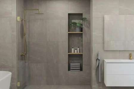 Koupelna obložená dlaždicemi La Fenice Core Taupe 60x60