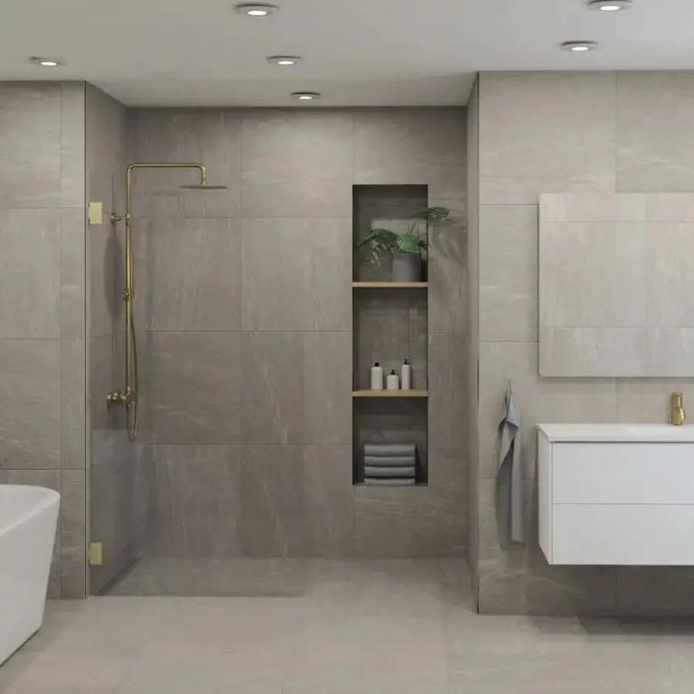 Realizace Koupelna obložená dlaždicemi La Fenice Core Taupe 60x60