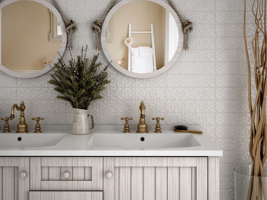 Realizace Romantické obklady Equipe Cosmos Leaves White 7,5x30cm