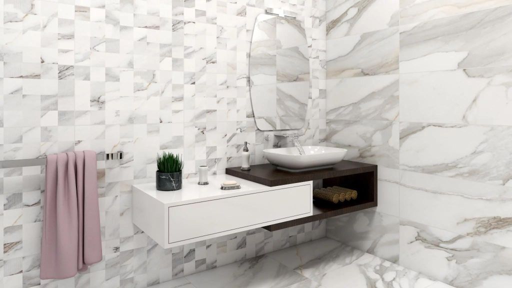 Realizace Elegantní imitace mramoru Codicer Apuan Blanco 44x66 a Apuan Deco Blanco