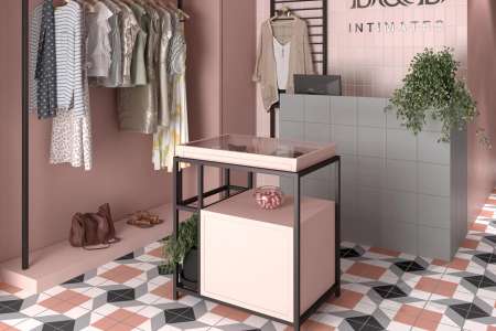 Růžovo šedý interiér s použitím retro dlažeb Equipe Bauhome Caro Cold a Grau 20x20 cm