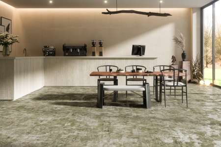 Restaurace se zelenou vzorovanou dlažbou ze série Aparici Rug.