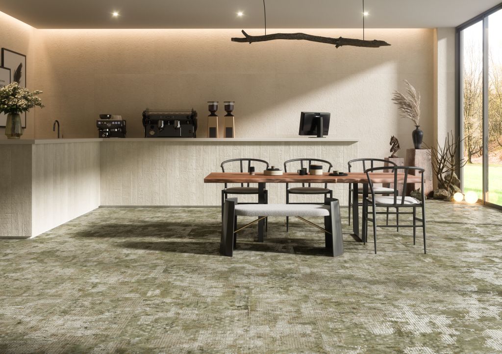 Realizace Restaurace se zelenou vzorovanou dlažbou ze série Aparici Rug.