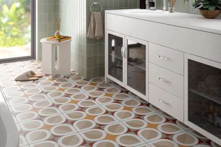 Útulná retro koupelna s geometrickou dlažbou Equipe Bauhome Blatt Warm