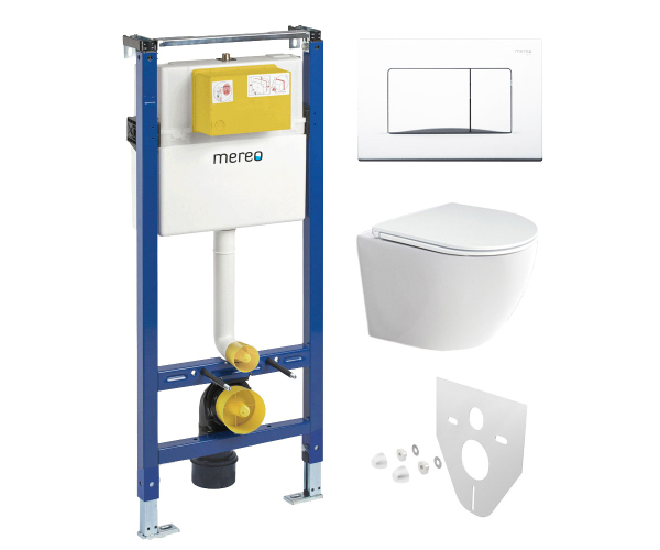 Mereo Wc Set - Rimless Wc Oblé, Modul Pro Sádrokarton, Bílé Hranaté Tlačítko