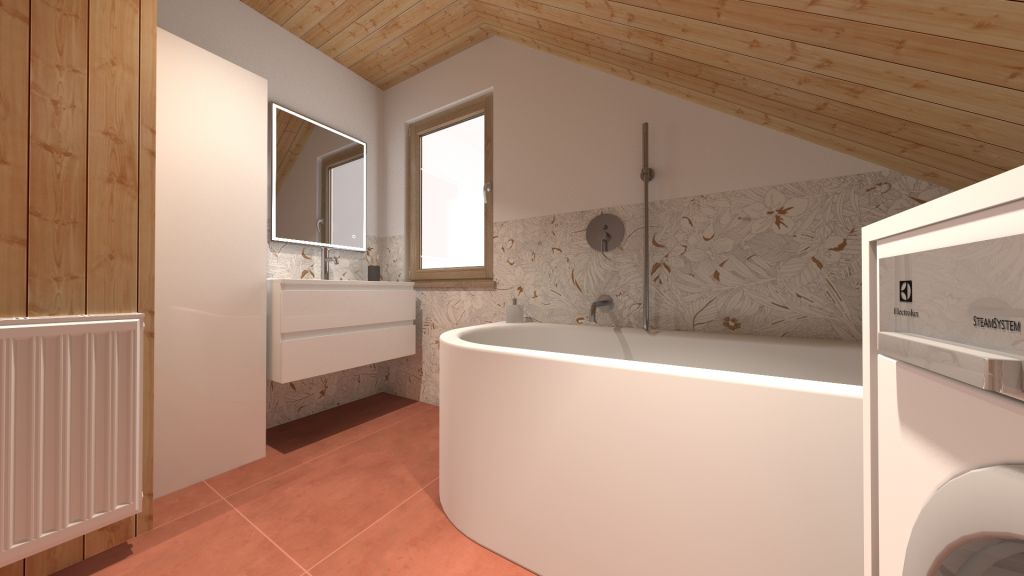 Realizace Vizualizace koupelny s cihlovou dlažbou Marca Corona Multiforme Dune a obkladem Marca Corona Mirabilia Coral Jungle