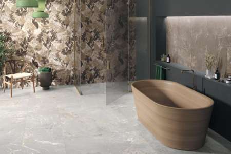 Moderní koupelna s dlažbou La Fenice Genesis Pearl 60x120cm